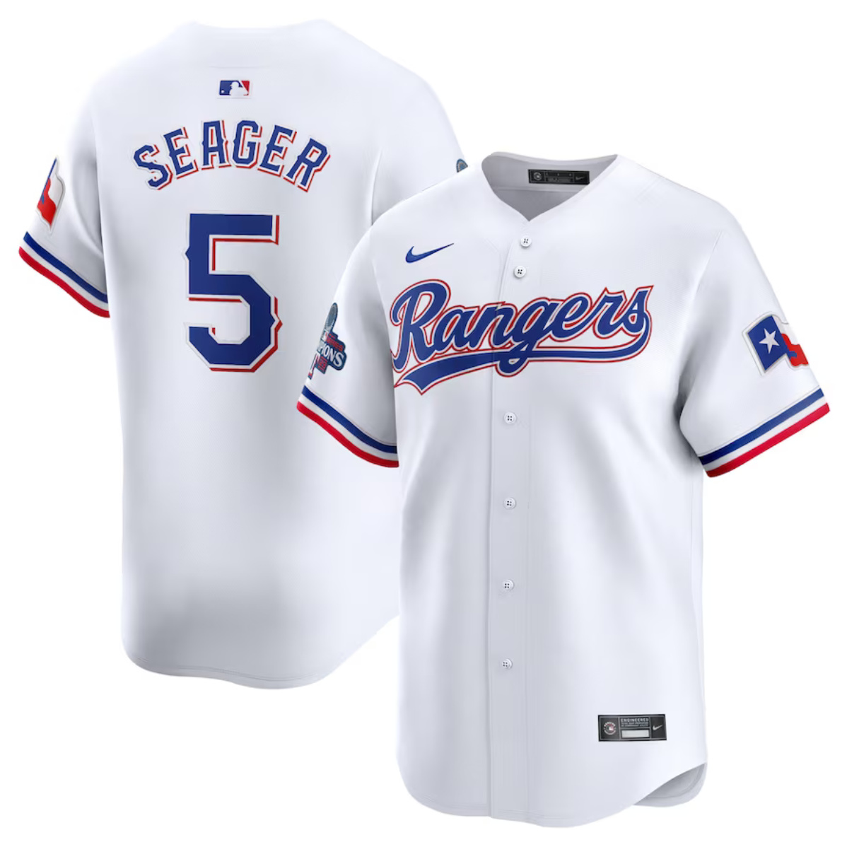 Men's Texas Rangers #5 Corey Seager White 2023 World Series Champions Stitched Baseball Jersey